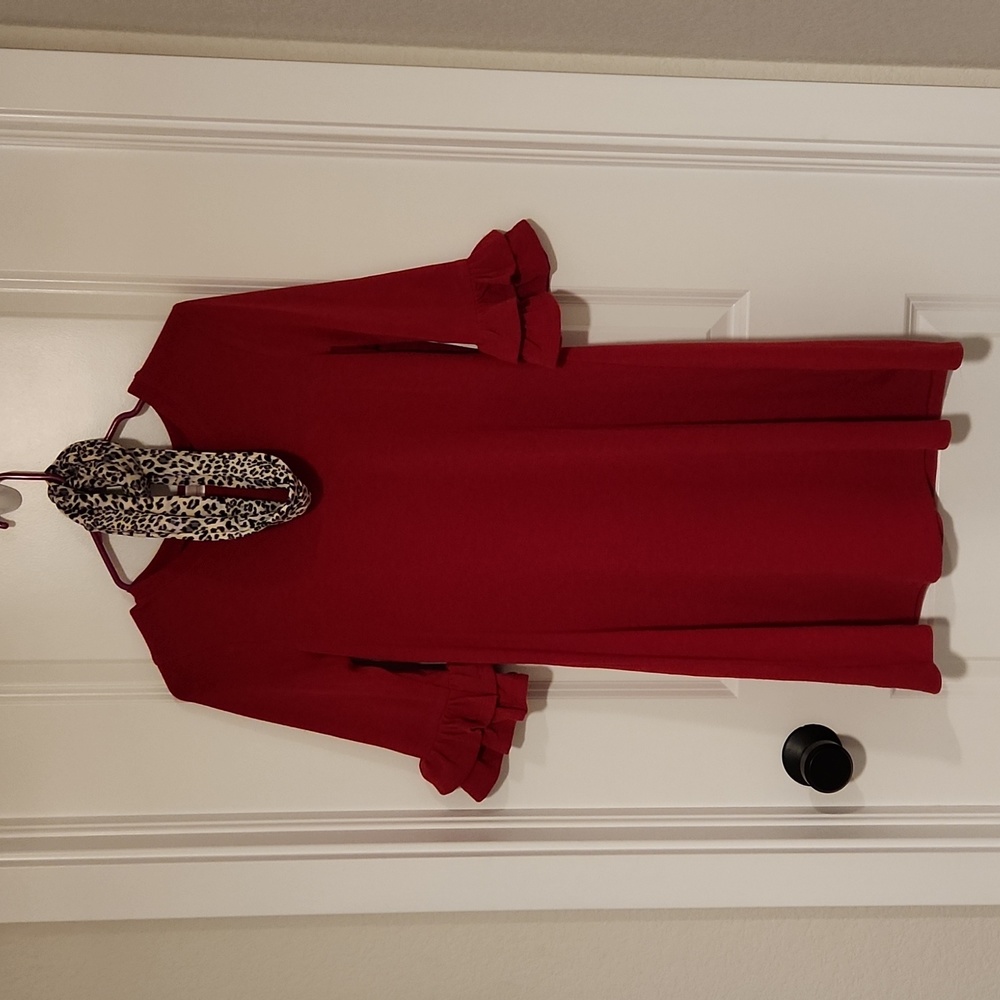Red sweater dress with 3/4 ruffle sleeve and leopard print scarf